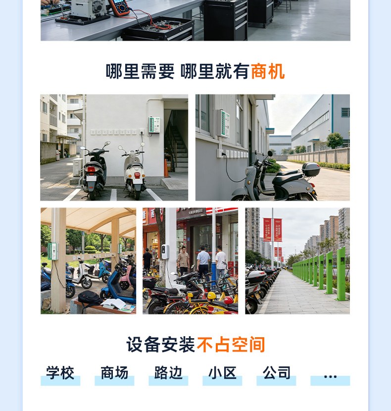 学校、商场、路边、小区和公司充电设备安装场景